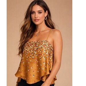 Free People Let Me Love Cami Small Mustard Floral Satin Boho Flowy Tank Top
